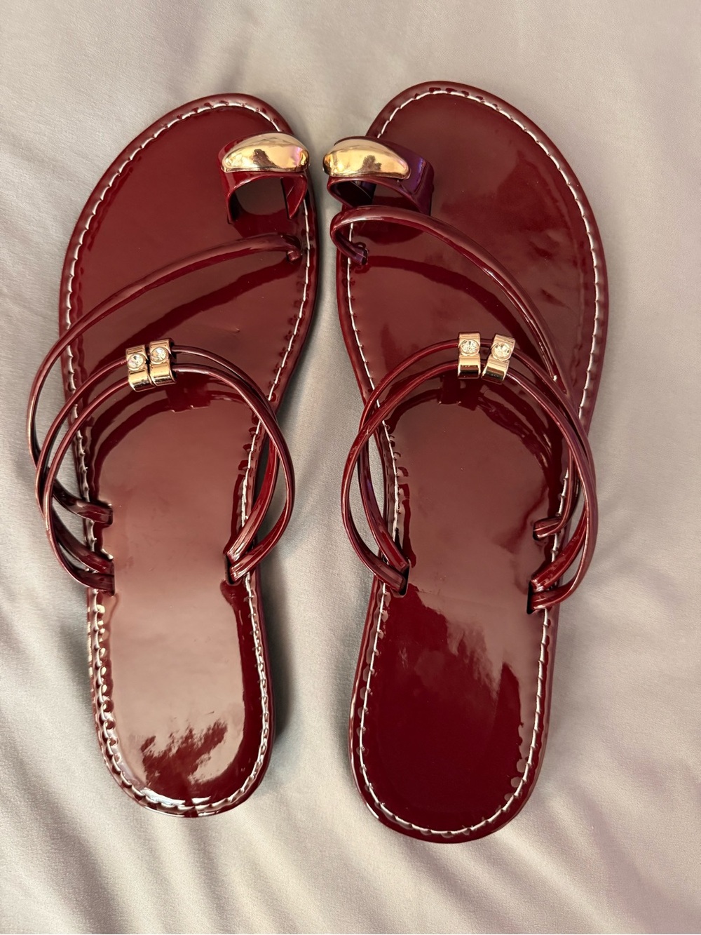 Amazon Burgundy Patent Toe-Loop Sandals with Gold Accents